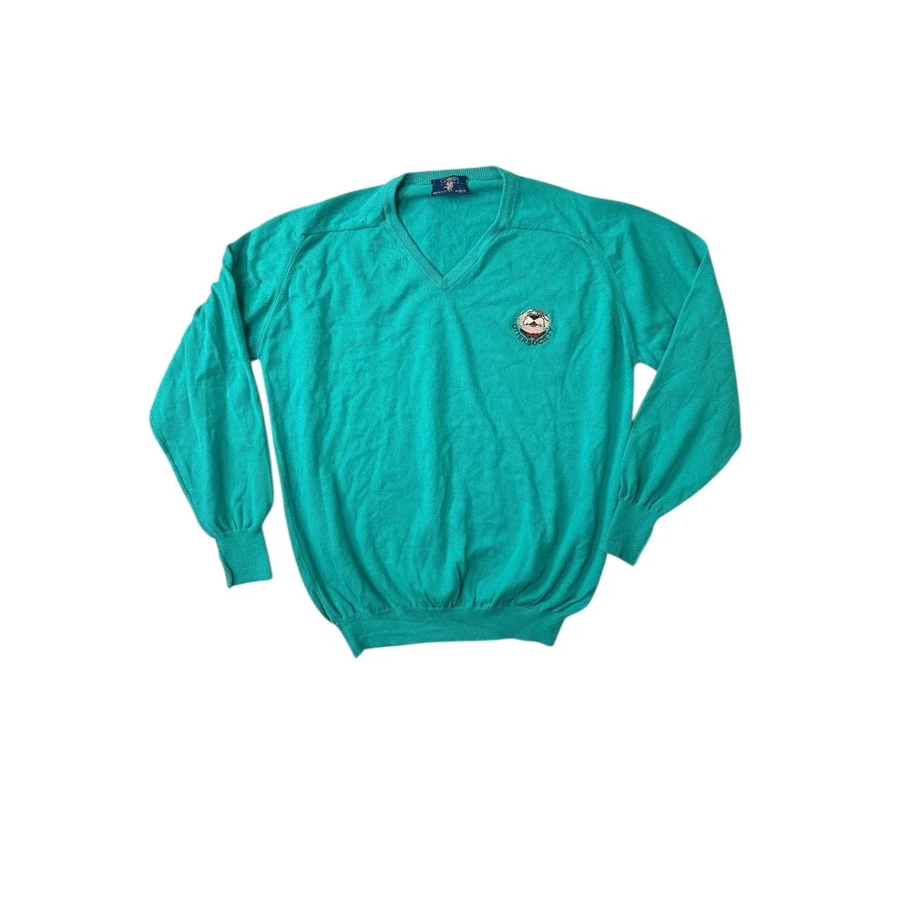 Vintage Crown Club Otter Society V-Neck Sweater Mens XL Teal Green Cotton‎ USA